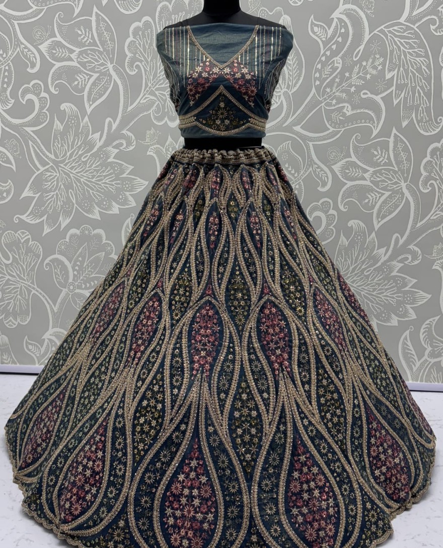 BLUE - Abstinent Blue Art of Work with Detailed Thread work Designer LehengaCholi perfect for reception wear